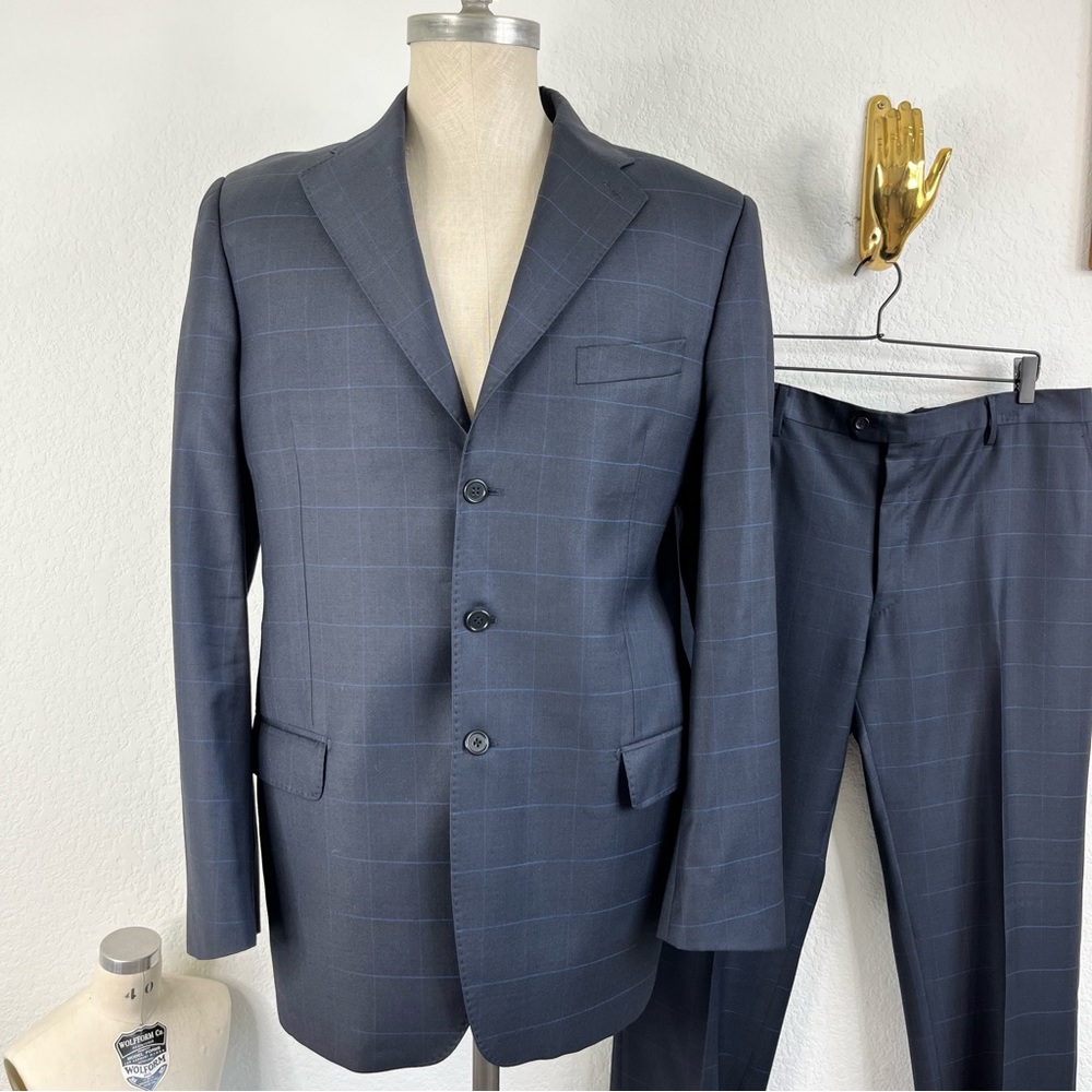 YSL Yves Saint Laurent Windowpane Wool 120s 3 Button Gridded Suit - Picture 2 of 13